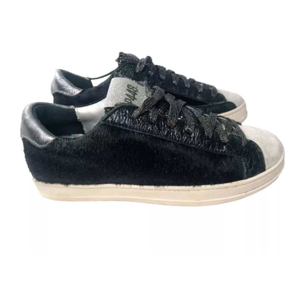 P448 Women's John Calf Hair Lace Up Sneakers Size 6 Shoes EU 36 Black